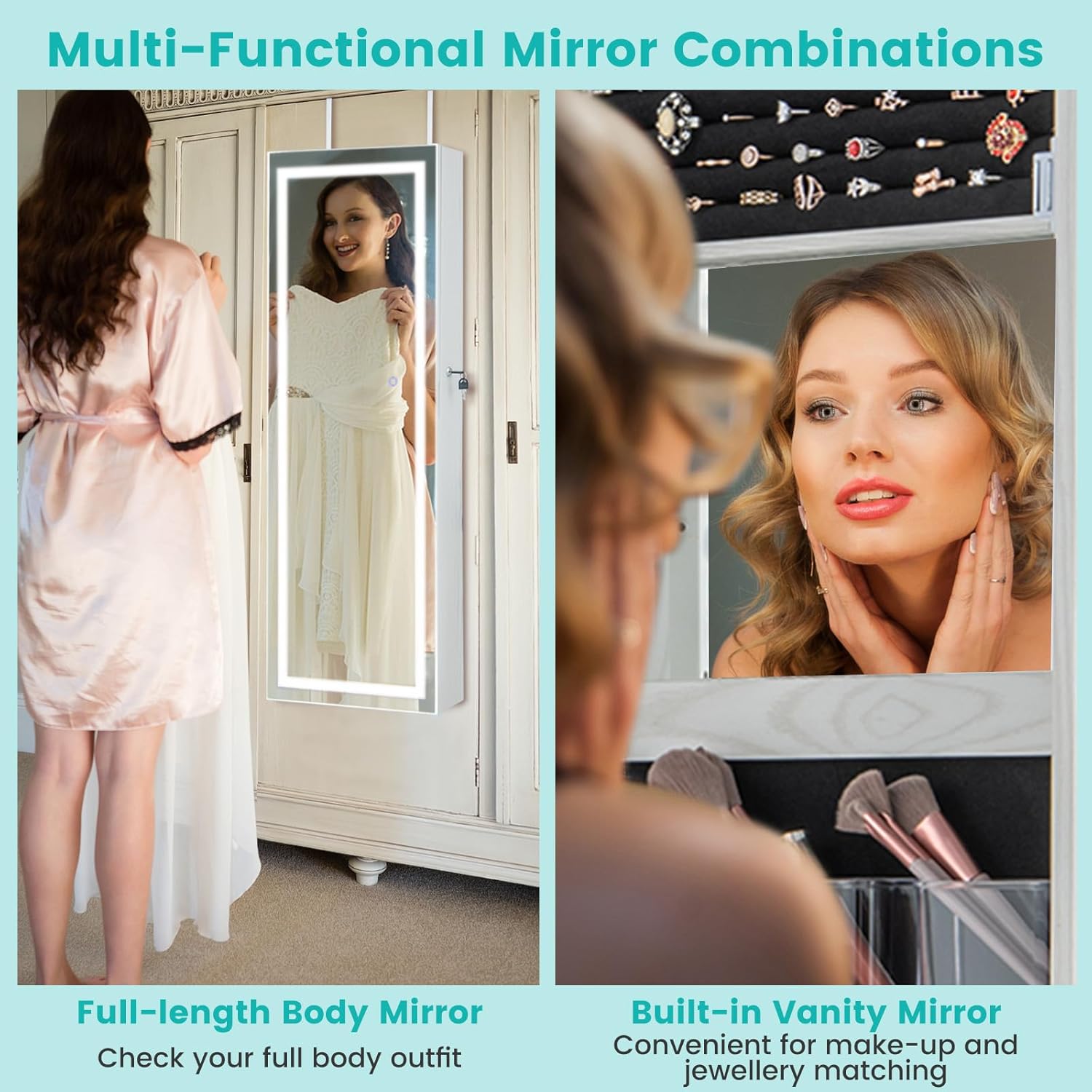 Full-Length Lighted Mirror Jewelry Cabinet with Drawers